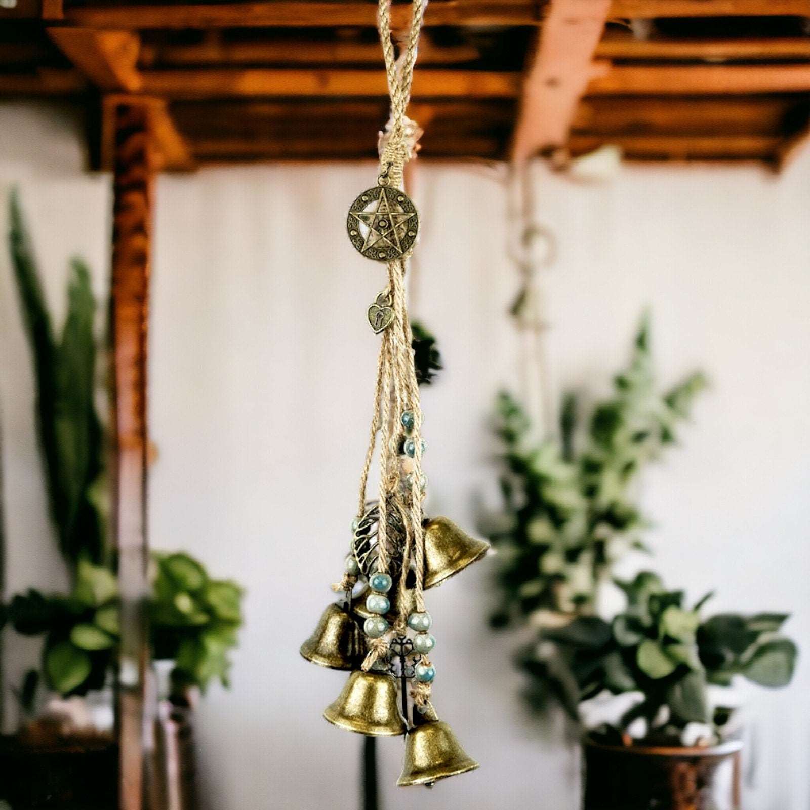 Bohemian Witch Protection Hanging Bells, Enchanted Metal Bells with Beads, Rustic Wiccan Decor, Mystical Home Charm for Harmony and Balance-Osiris Craftworks