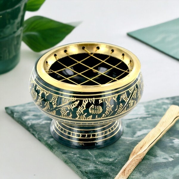 Hand-Engraved Green Resin Incense Burner | Metal Handcrafted with Artisan Detail | Spiritual Aromatherapy Essential