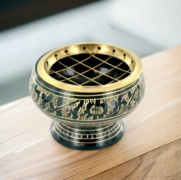 Hand-Engraved Green Resin Incense Burner | Metal Handcrafted with Artisan Detail | Spiritual Aromatherapy Essential