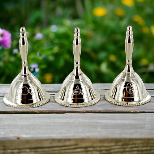 Triple Engraved Wiccan Altar Bell Set - Silver Finish Pentagram, Triquetra, Triple Moon Symbols for Rituals, Energy Clearing Spiritual Decor-Osiris Craftworks