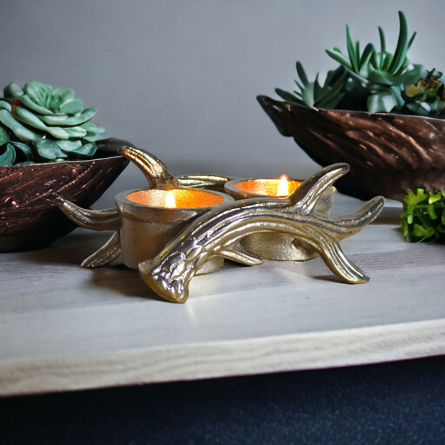 Elegant Dual Silver Antler Tea Light Holder – Contemporary Metal Candle Accessory, Chic Home Decor, Perfect for Romantic Evenings