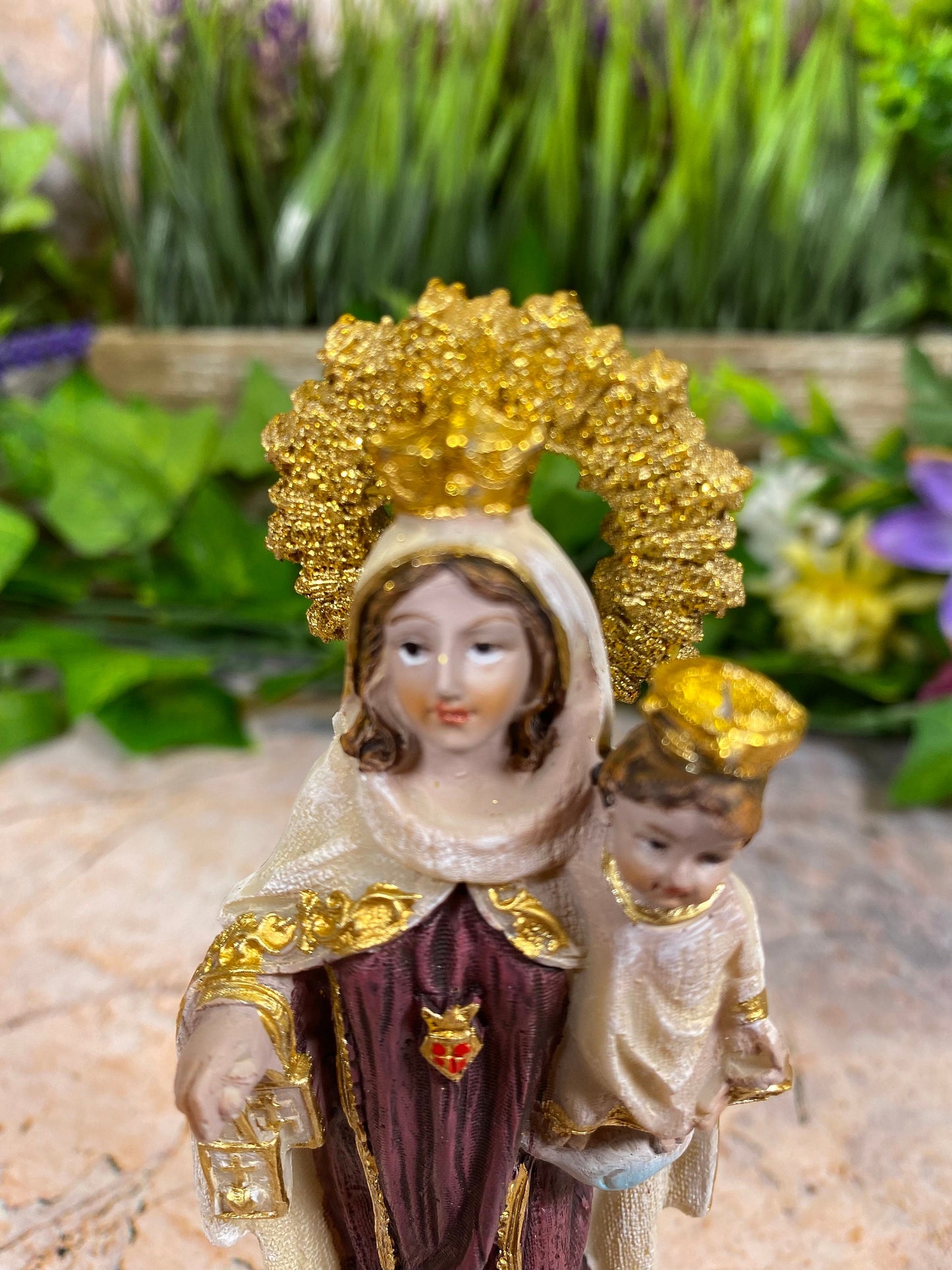 Figurine en résine de Notre-Dame du Mont Carmel, statue mariale peinte à la main, décor catholique, patronne de l'ordre des Carmélites