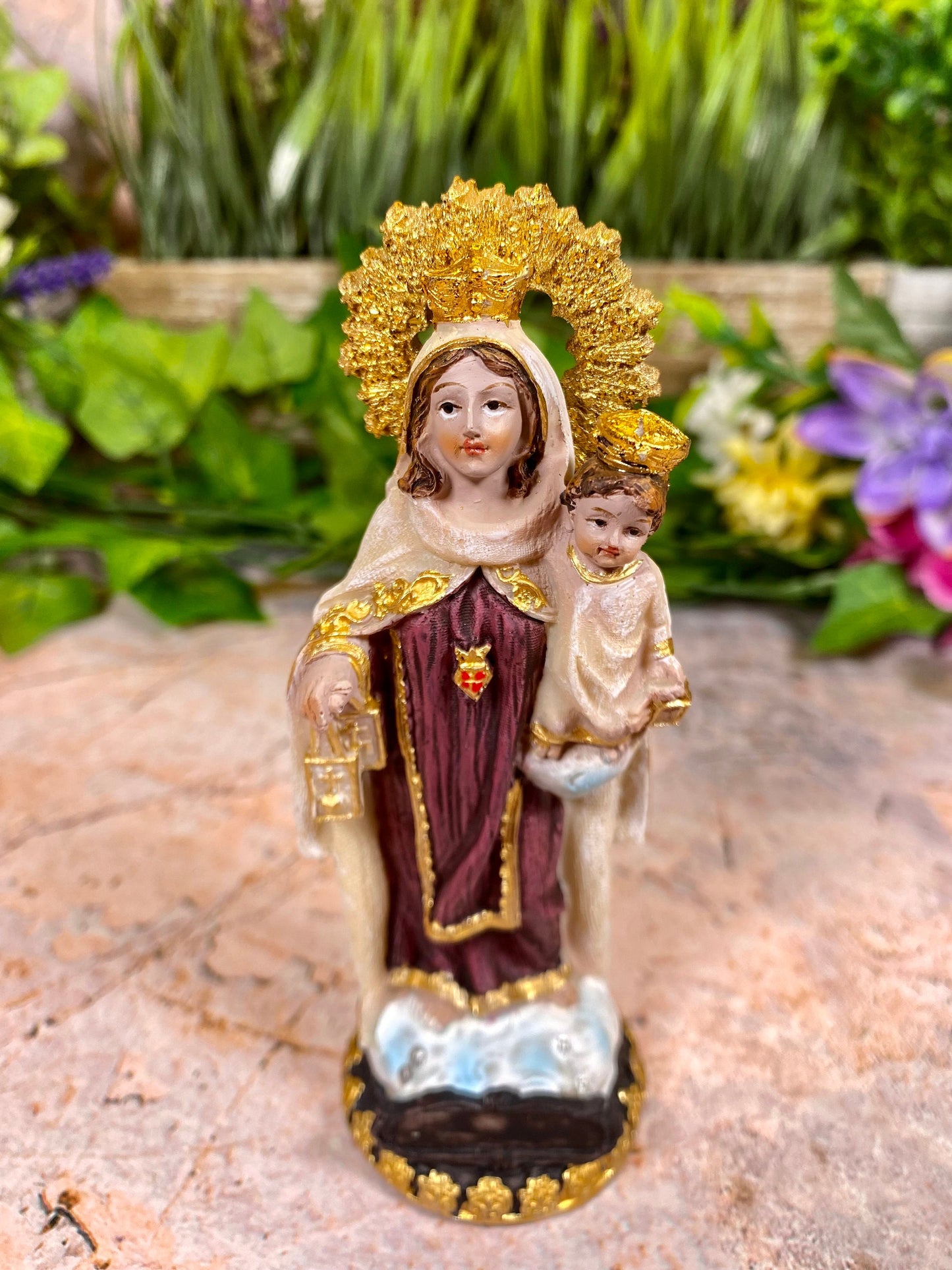 Figurine en résine de Notre-Dame du Mont Carmel, statue mariale peinte à la main, décor catholique, patronne de l'ordre des Carmélites