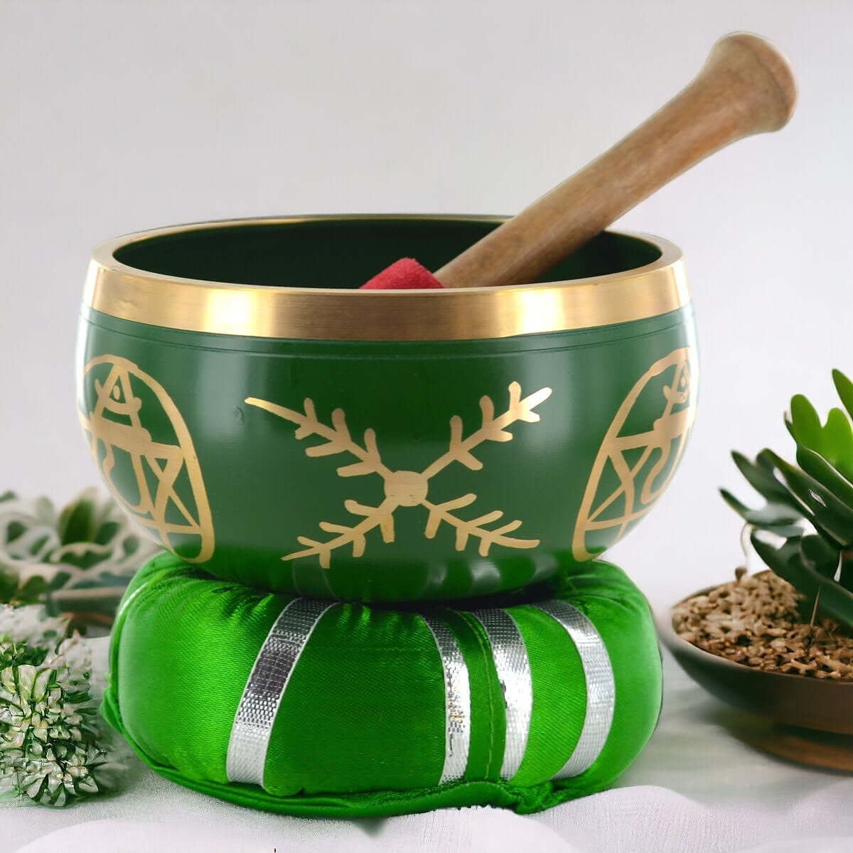 Enchanting Heart Chakra Singing Bowl Set – Handcrafted Meditation Bowl with Cushion & Striker, Green Chakra Healing, Spiritual Decor