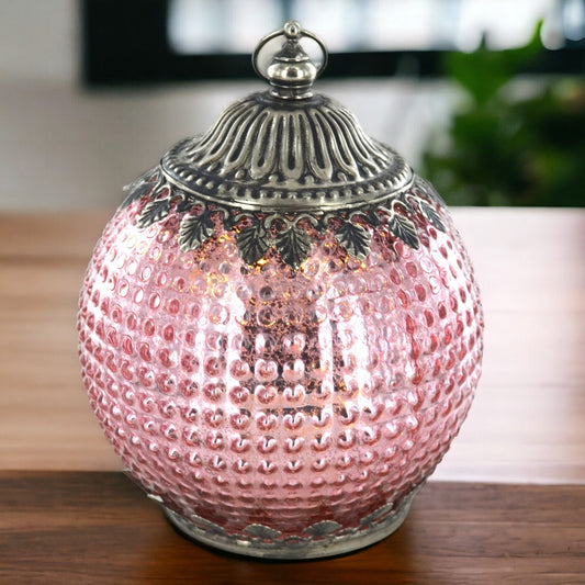 Enchanting Moroccan-Style Pink Glass LED Lantern - Vintage Handcrafted Light Fixture with String Lights, Decorative Metal Accents