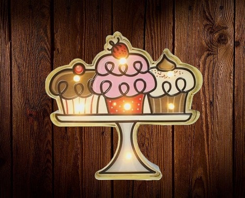 Illuminated Cupcake LED Wall Art, Handcrafted Metal & Plastic Decor, Battery-Operated Kitchen Light, Whimsical Bakery Sign-Osiris Craftworks