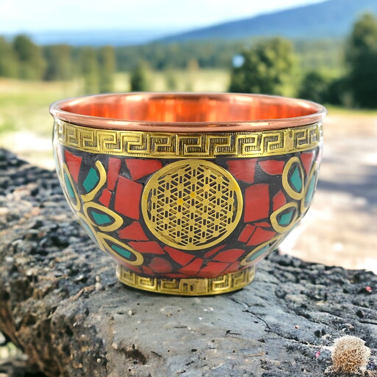 Flower of Life Copper Bowl - Sacred Geometry Decor, Artisan Handcrafted, Multicolour Enamel Finish