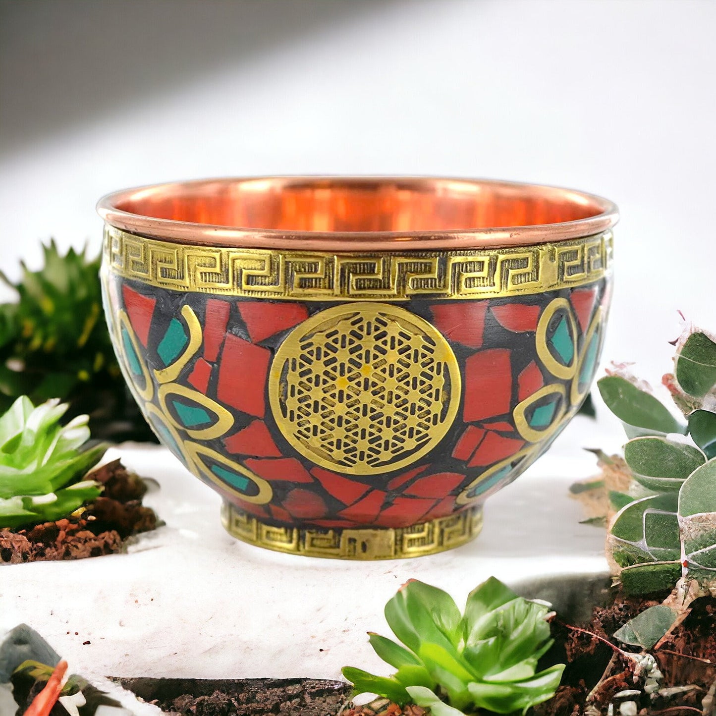 Flower of Life Copper Bowl - Sacred Geometry Decor, Artisan Handcrafted, Multicolour Enamel Finish