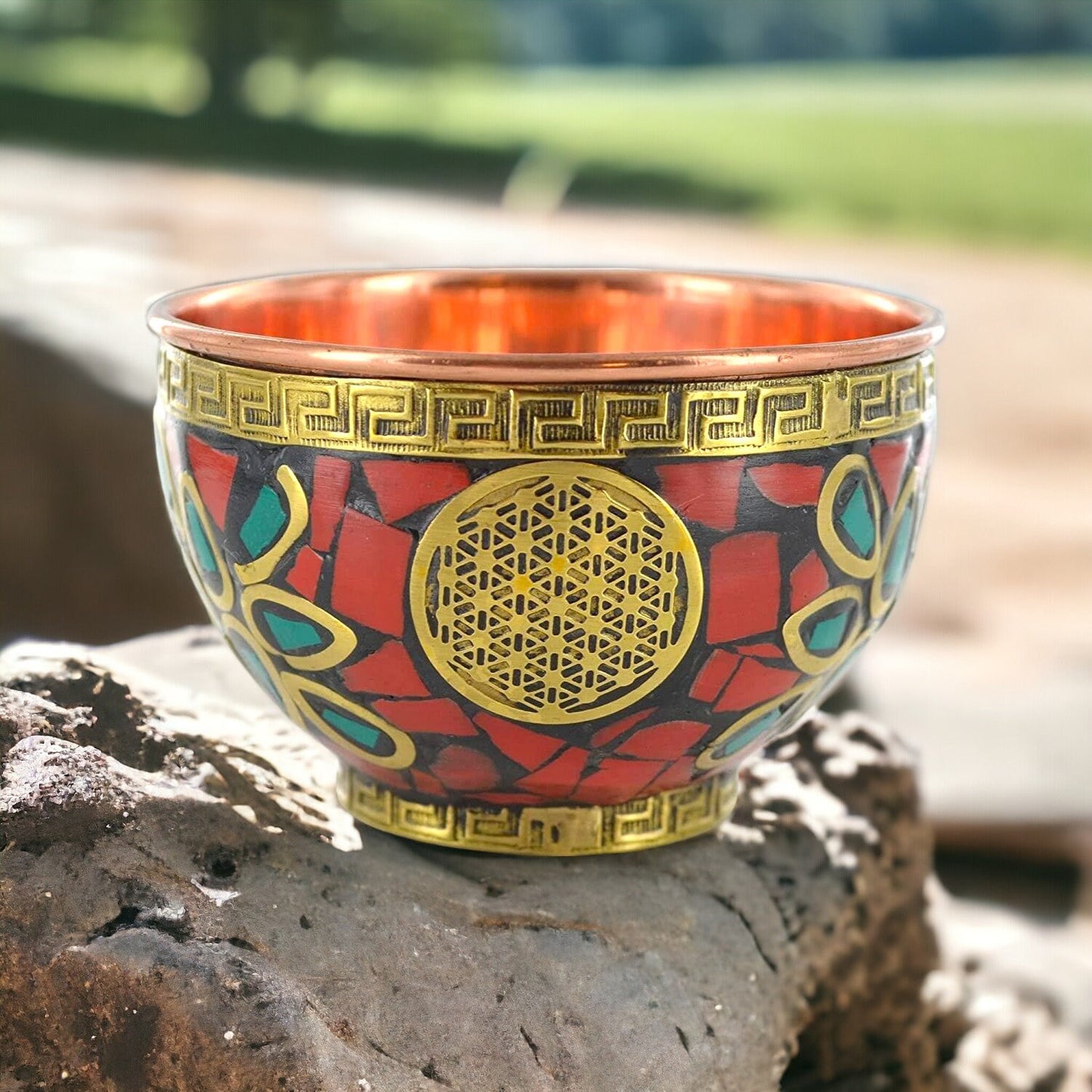 Flower of Life Copper Bowl - Sacred Geometry Decor, Artisan Handcrafted, Multicolour Enamel Finish