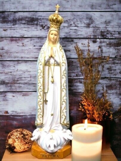 Elegant Our Lady of Fatima Statue - Religious Figurine with Gold Accents - Serene Madonna Sculpture - Spiritual Decor for Home and Chapel