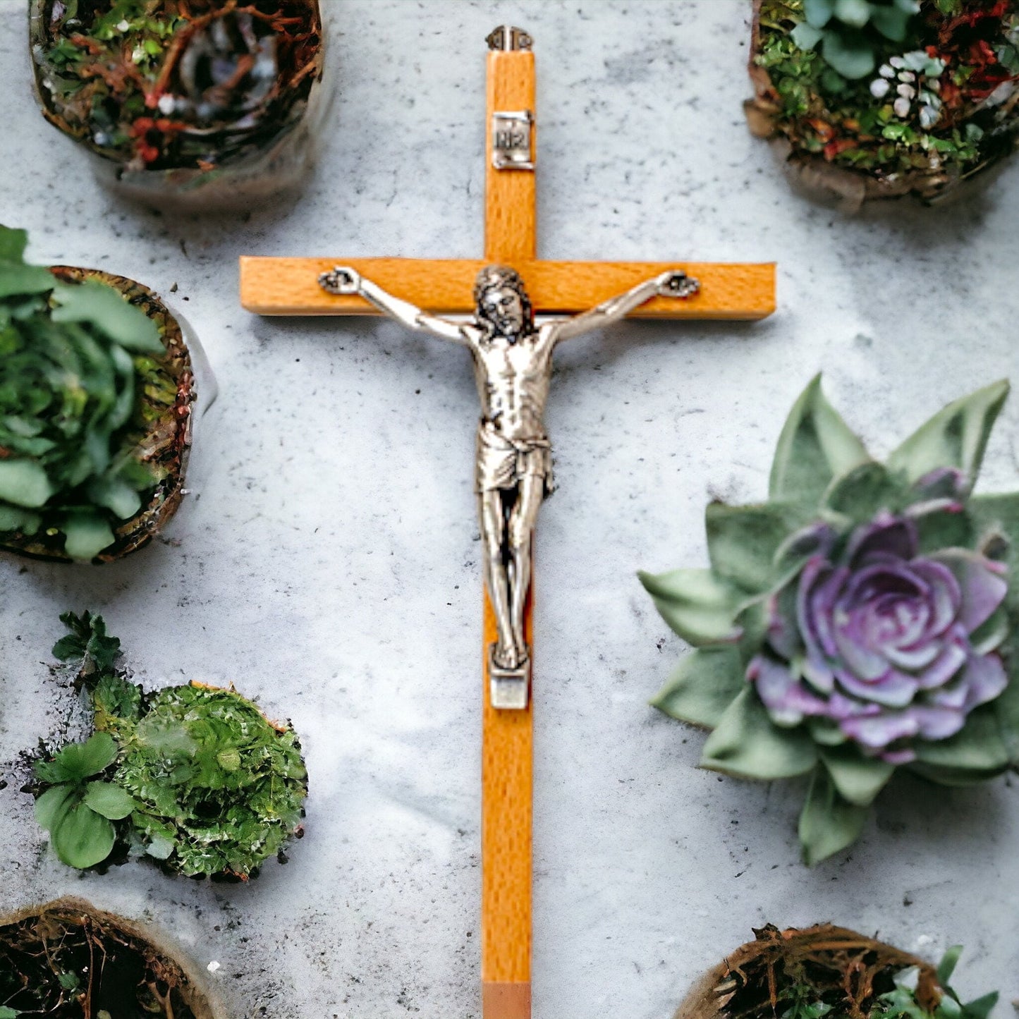 Wall-Mounted Crucifix | Beachwood and Silver Metal | Spiritual Christian Home Decor | Religious Symbol | Traditional Church Art