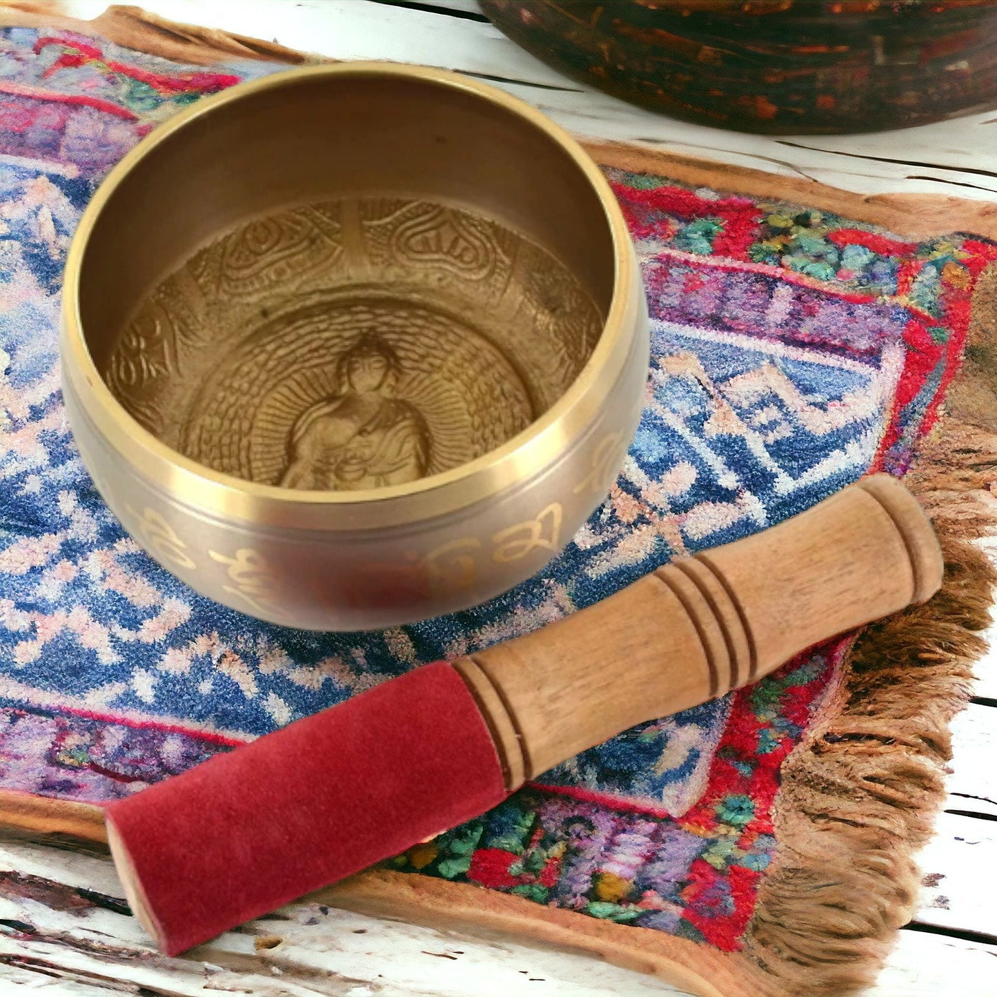 Embossed Buddha Singing Bowl | Handcrafted Metal Meditation Bowl with Striker | Artisanal Sound Healing Instrument Zen Decor Spiritual Gift