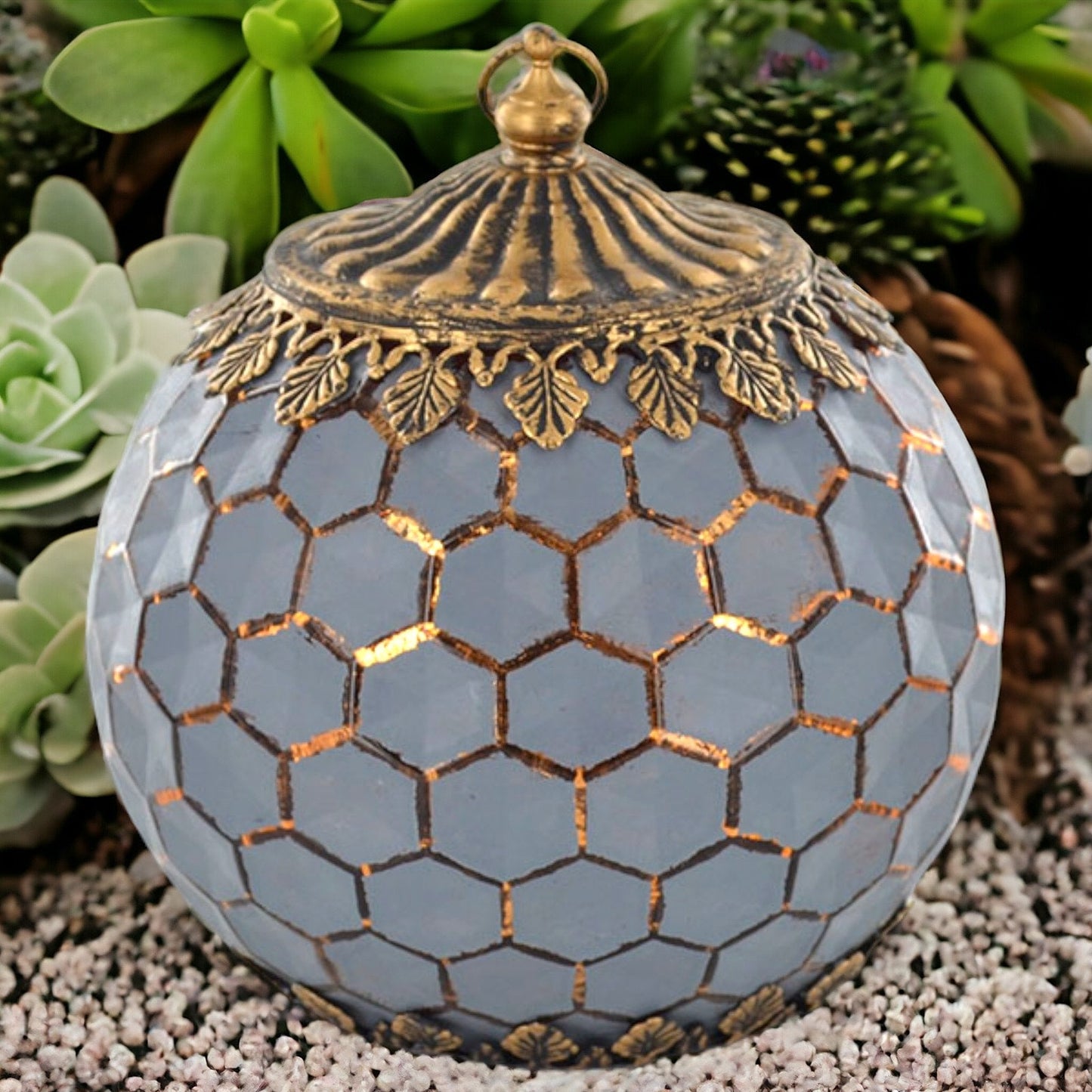 Moroccan LED Glass Lantern | Grey Geometric Honeycomb Pattern | Decorative Metal Accents | Battery Operated Lighting | Ambient Home Decor