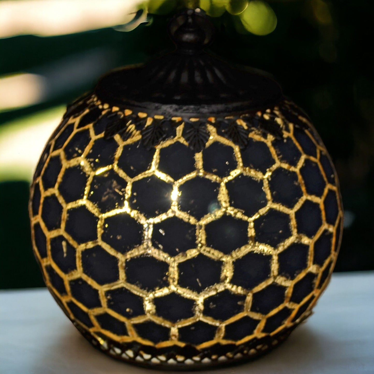 Moroccan LED Glass Lantern | Grey Geometric Honeycomb Pattern | Decorative Metal Accents | Battery Operated Lighting | Ambient Home Decor