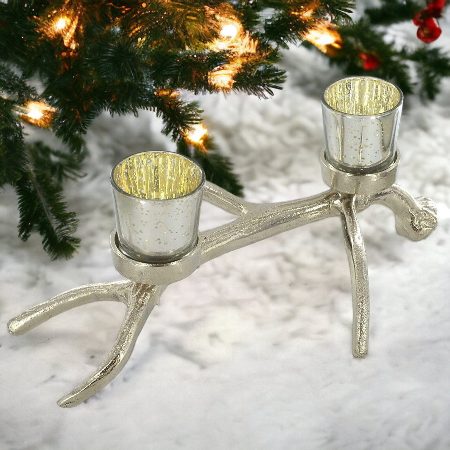 Bougeoir en métal argenté en forme de bois de cerf avec votives en verre, présentoir de bougies chauffe-plat rustique et élégant, accent de table chic en corne de cerf