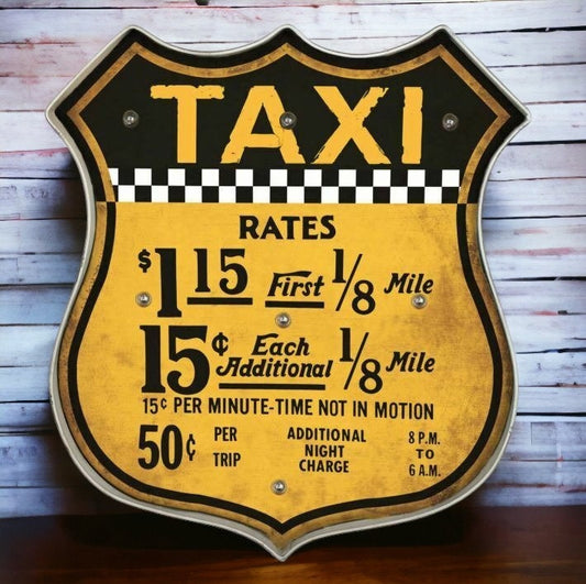 Vintage Taxi Fare Rates LED Wall Plaque - Retro Cab Charge Metal Sign with Illumination, Unique Home Decor-Osiris Craftworks