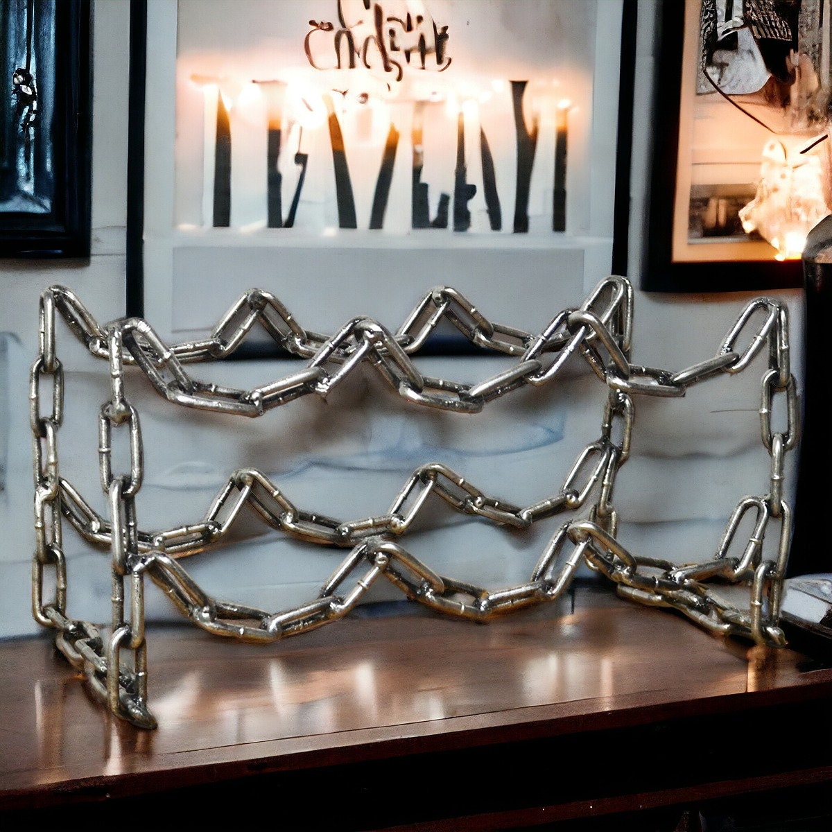 Contemporary Silver Metal Chain-Link Wine Rack | Artistic Durable Tabletop Wine Storage | Modern Decorative Bottle Holder | Unique Home Bar