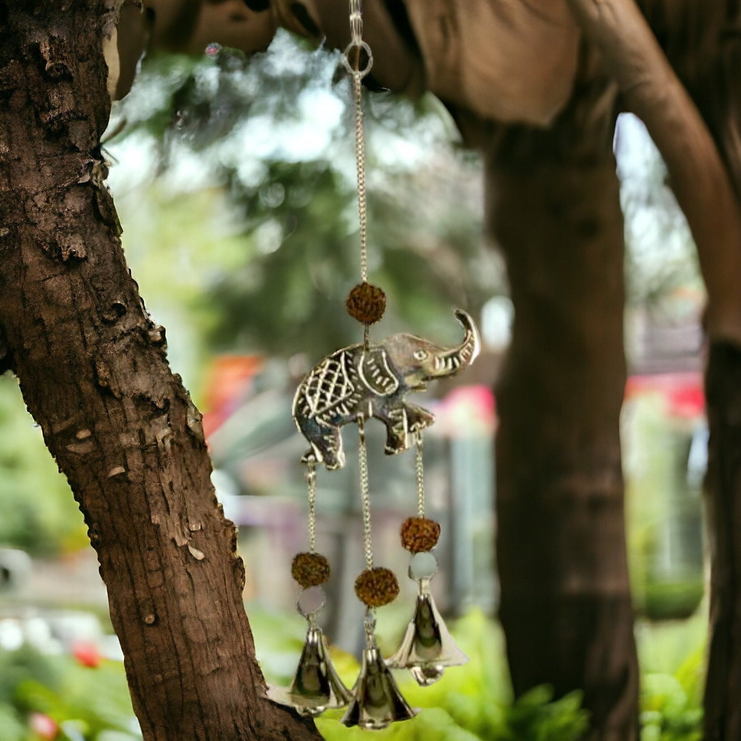 Ethnic Elephant Wind Chime | Spiritual Rudraksha Beads | Meditation Garden | Harmonious Bells | Cultural Home Accent | Feng Shui Balancing-Osiris Craftworks