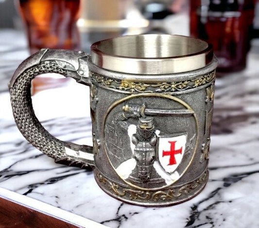 Templar Knight Tankard | Medieval Chivalry Mug with Stainless Steel Insert | Handcrafted Resin & Metal | Historical Drinkware-Osiris Craftworks