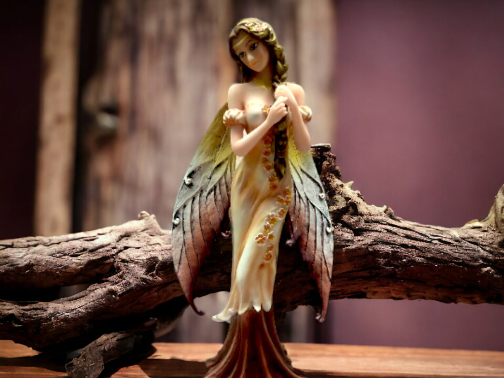 Enchanted Autumn Fairy Statue, Graceful Figurine with Golden Wings, Elegant Fantasy Decor, Mystical Forest Nymph, Hand-Painted Collectible-Osiris Craftworks