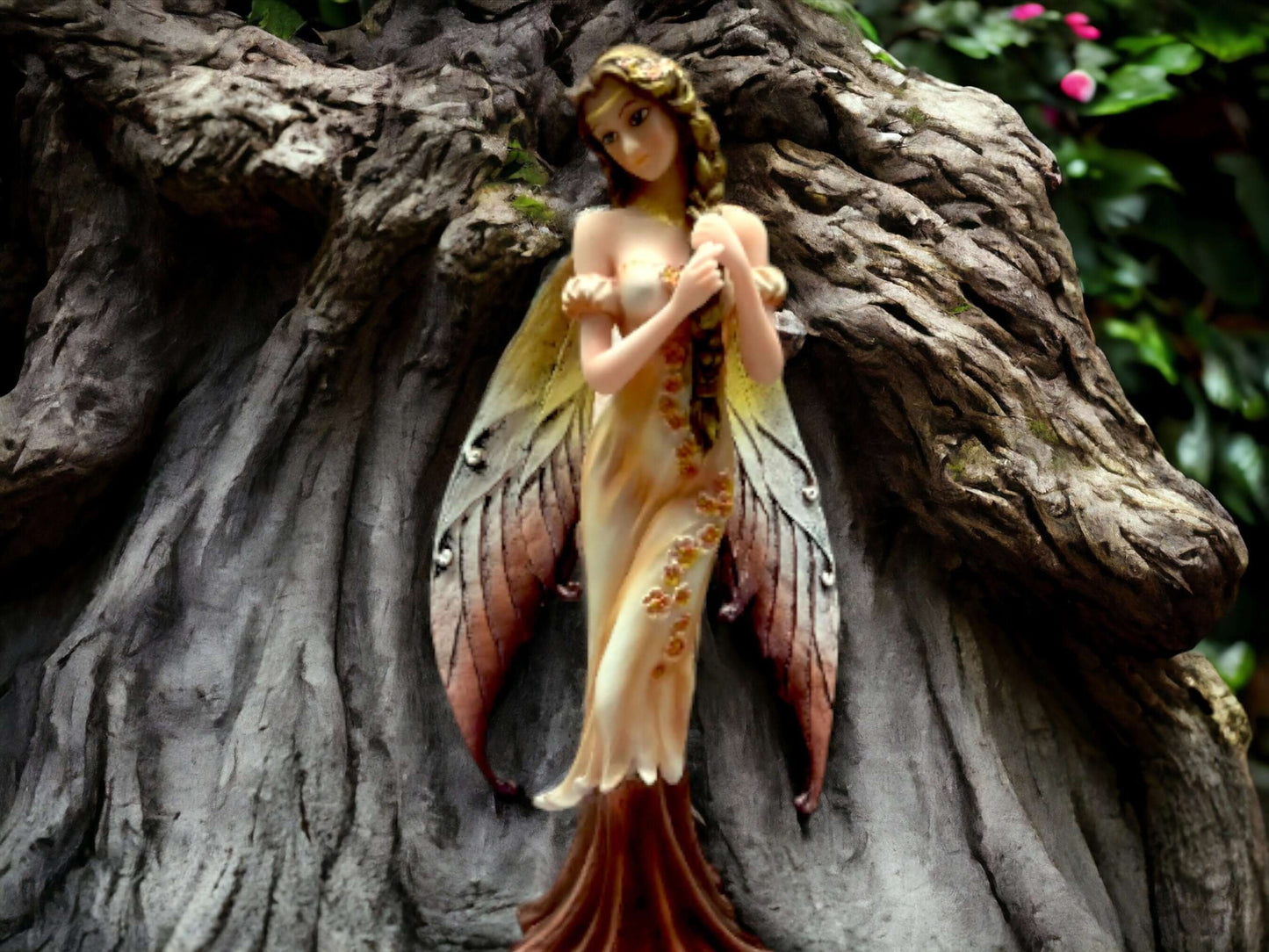 Enchanted Autumn Fairy Statue, Graceful Figurine with Golden Wings, Elegant Fantasy Decor, Mystical Forest Nymph, Hand-Painted Collectible-Osiris Craftworks