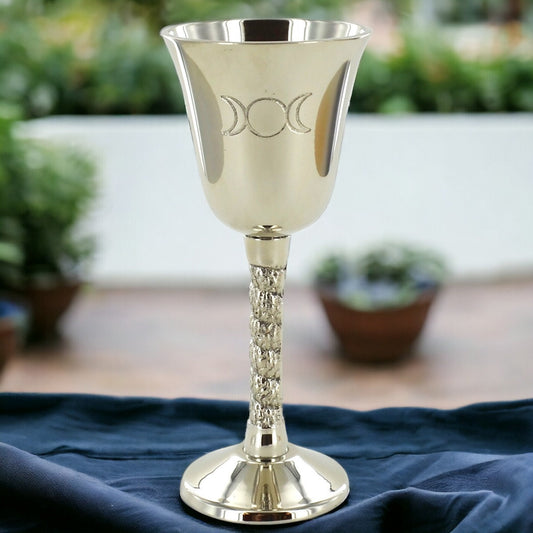 Silver Triple Moon Goddess Goblet Metallic Ritual Cup, Wiccan Altar Supplies, Pagan Drinkware, Esoteric Ceremonial Chalice, Moon Phase Decor-Osiris Craftworks