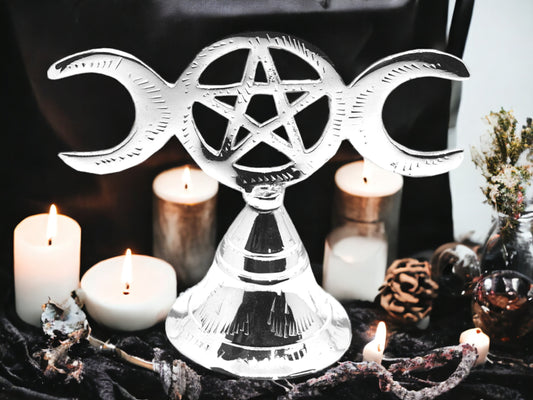 Silver Triple Moon Goddess Pentagram Bell Wiccan Altar, Pagan Ceremony Chime, Esoteric Home Decor, Witchcraft Ritual Tool, Metaphysical Gift-Osiris Craftworks