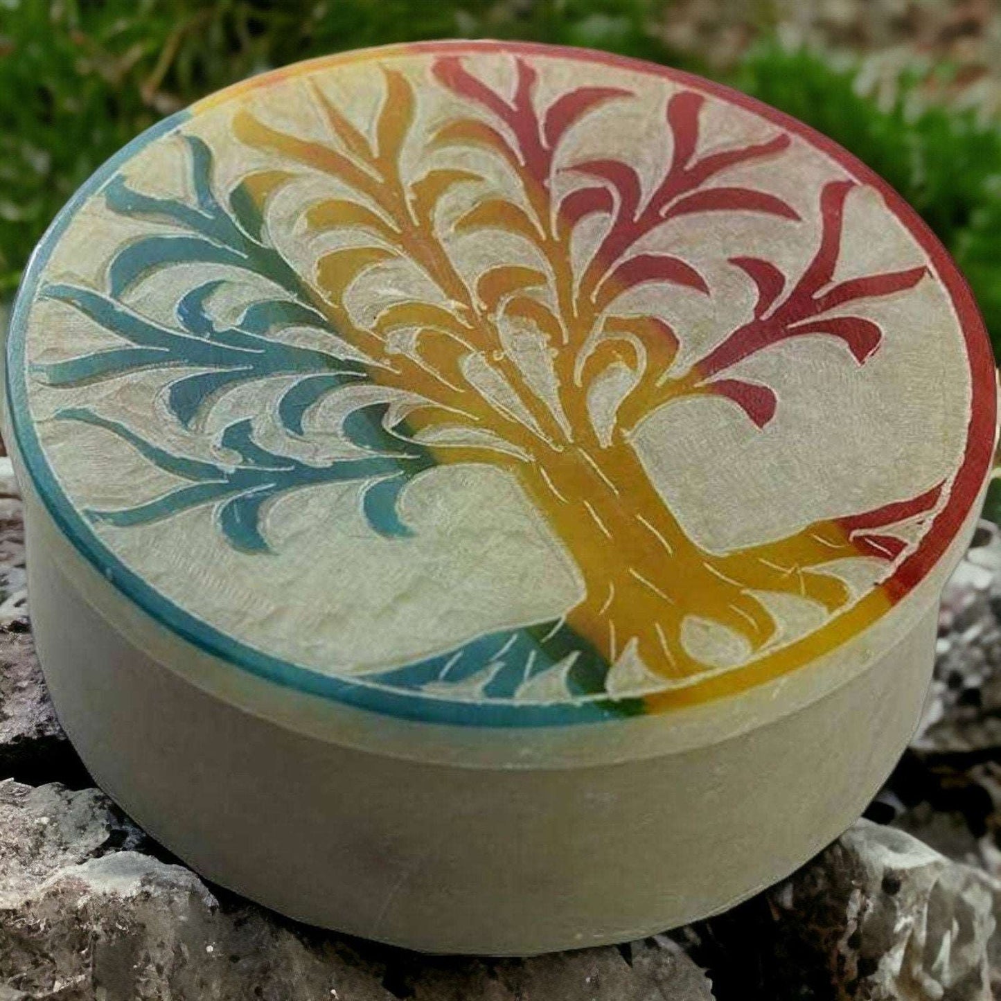 Artisanal Soapstone Carved Box, Handcrafted Tree of Life Design, Multicolor, Small Keepsake and Jewellery Holder-Osiris Craftworks