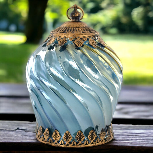 Handcrafted Moroccan Swirl Glass Lantern - LED Illuminated, Decorative Tabletop Accent, Artisan Blue & Gold Lamp, Home Ambiance Lighting