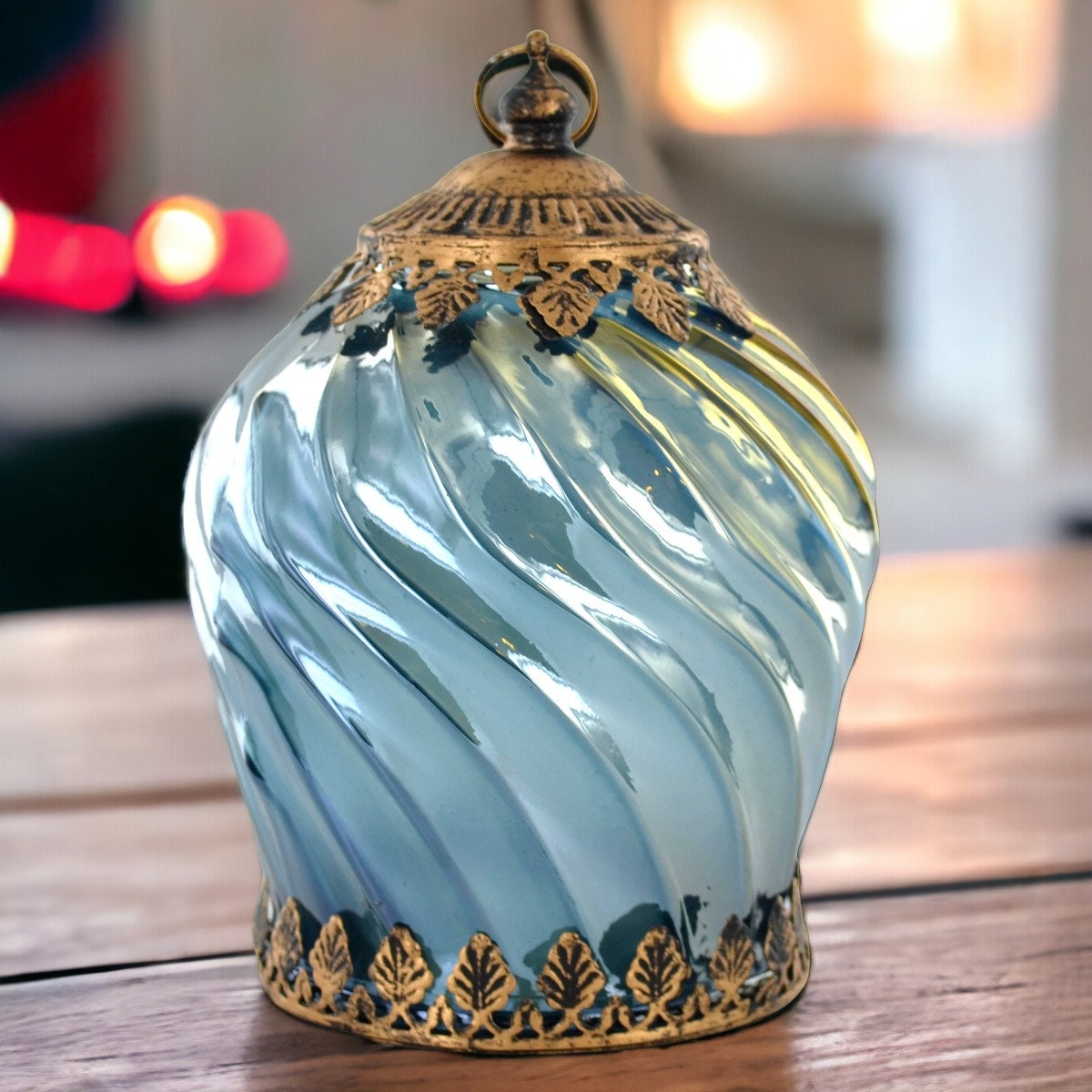 Handcrafted Moroccan Swirl Glass Lantern - LED Illuminated, Decorative Tabletop Accent, Artisan Blue & Gold Lamp, Home Ambiance Lighting