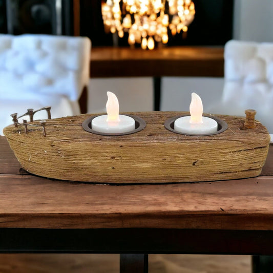 Nautical Driftwood Tealight Holder - Rustic Boat-Shaped Candle Stand, Eco-Friendly Reclaimed Wood Centerpiece, Coastal Home Decor