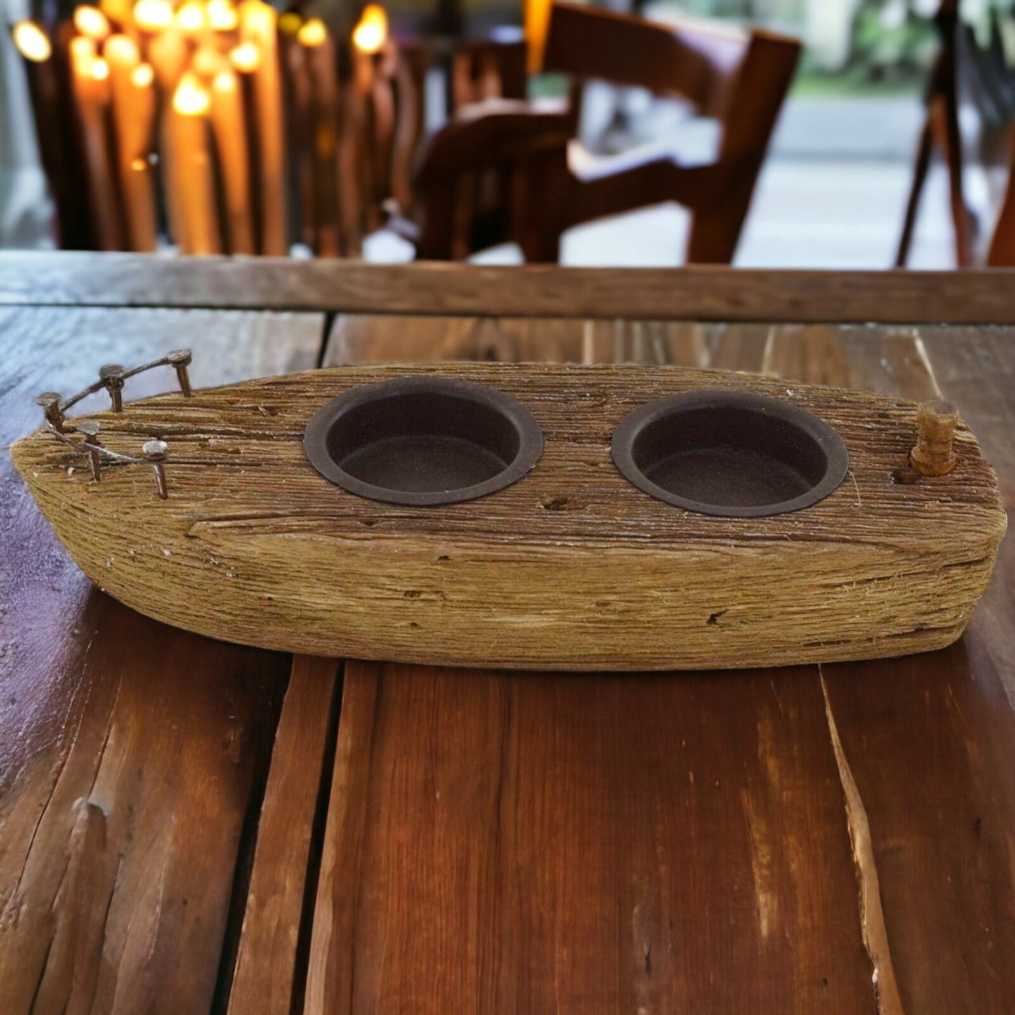 Nautical Driftwood Tealight Holder - Rustic Boat-Shaped Candle Stand, Eco-Friendly Reclaimed Wood Centerpiece, Coastal Home Decor