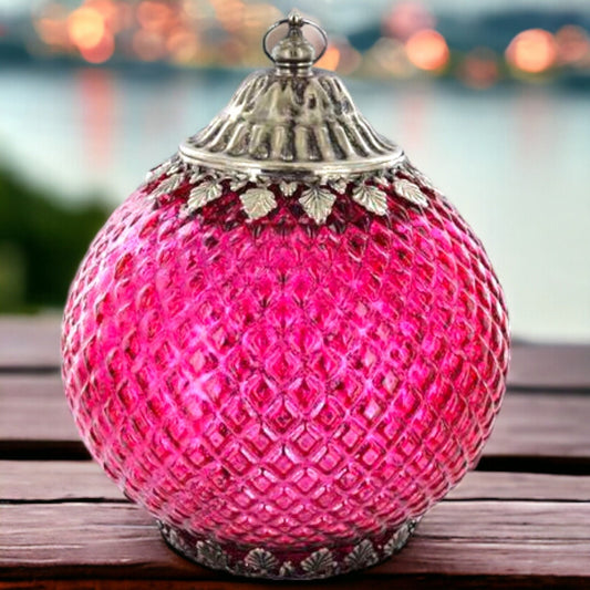 Vibrant Pink Glass Moroccan Lantern - LED String Lights, Portable Handled Decor, Exotic Ambient Lighting, Battery Operated, 18cm Height