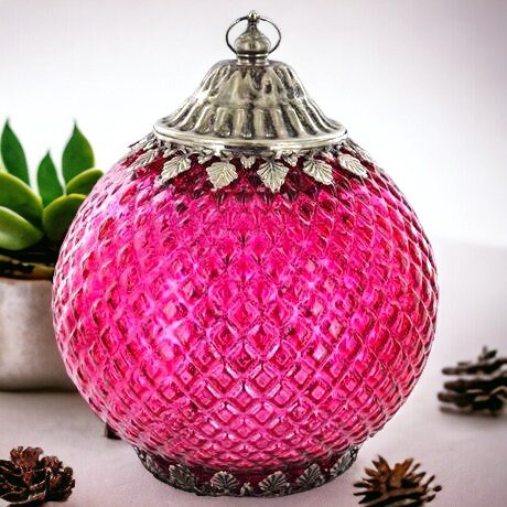 Vibrant Pink Glass Moroccan Lantern - LED String Lights, Portable Handled Decor, Exotic Ambient Lighting, Battery Operated, 18cm Height