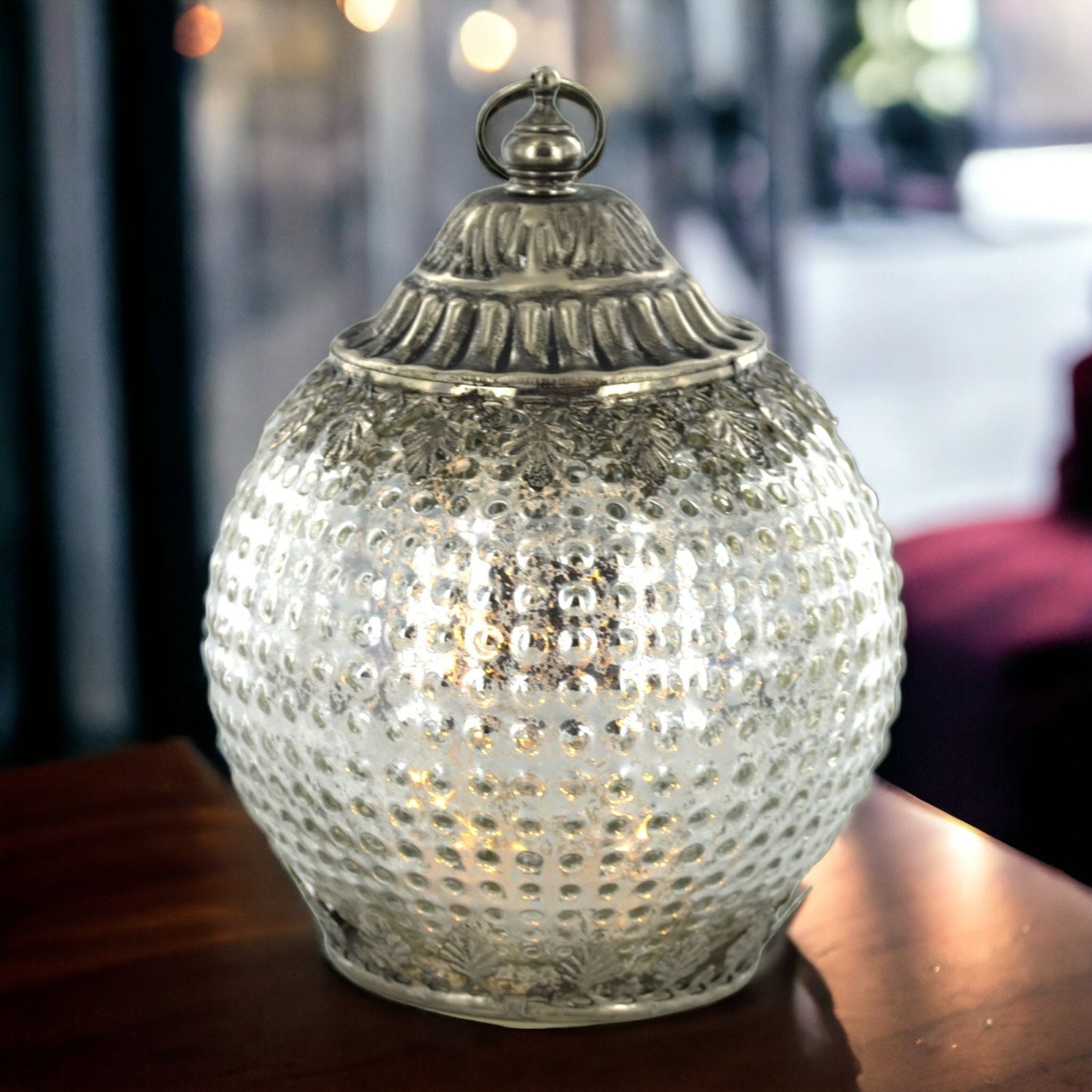 Enchanted Silver Glass Lantern with LED - Handcrafted Elegance, Sparkling Accent Light