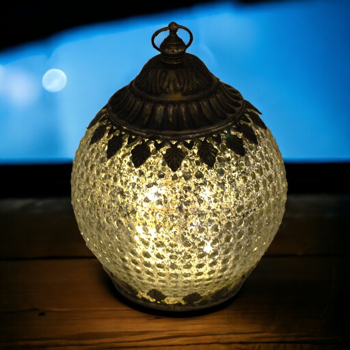 Enchanted Silver Glass Lantern with LED - Handcrafted Elegance, Sparkling Accent Light