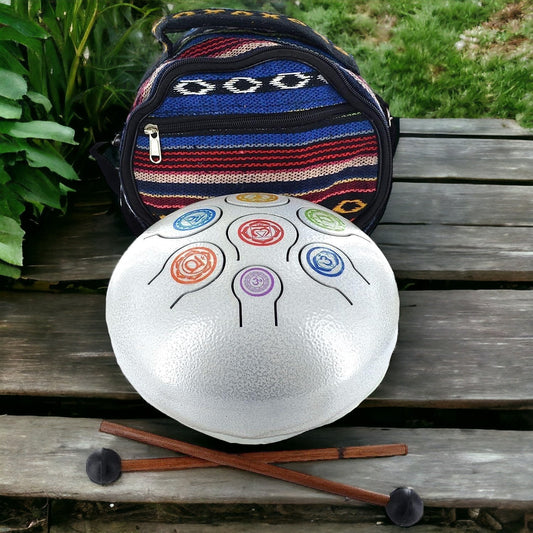 Handgefertigte Chakra-ausgleichende Stahlzungentrommel | Beruhigendes Meditations-Yoga-Handpan-Instrument | Heilende Klangtherapie mit Schlägeln und Etui