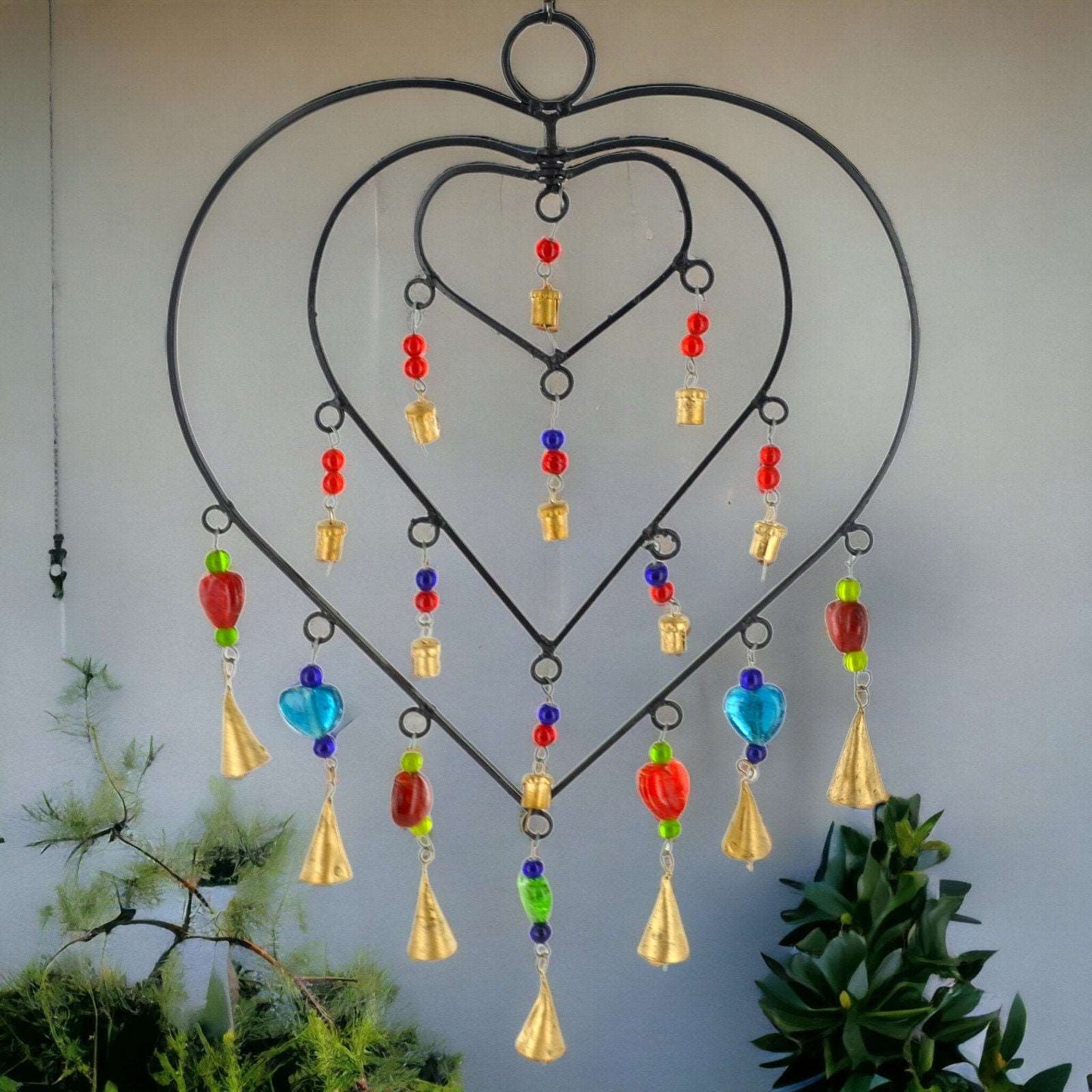 Bohemian Heart-Shaped Wind Chime with Colorful Beads - Artisanal Metal Windchime with Brass Bells - Handcrafted Garden Decor - 52cm-Osiris Craftworks