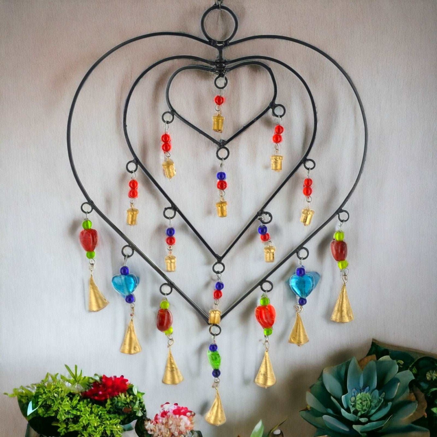 Bohemian Heart-Shaped Wind Chime with Colorful Beads - Artisanal Metal Windchime with Brass Bells - Handcrafted Garden Decor - 52cm-Osiris Craftworks