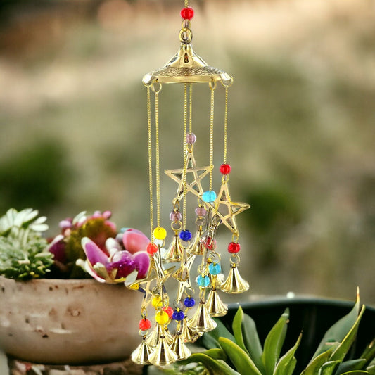 Enchanting Pentagram Brass Wind Chime with Colorful Beads - Celestial Metal Windchime with Bells - Harmonic Garden Decor-Osiris Craftworks