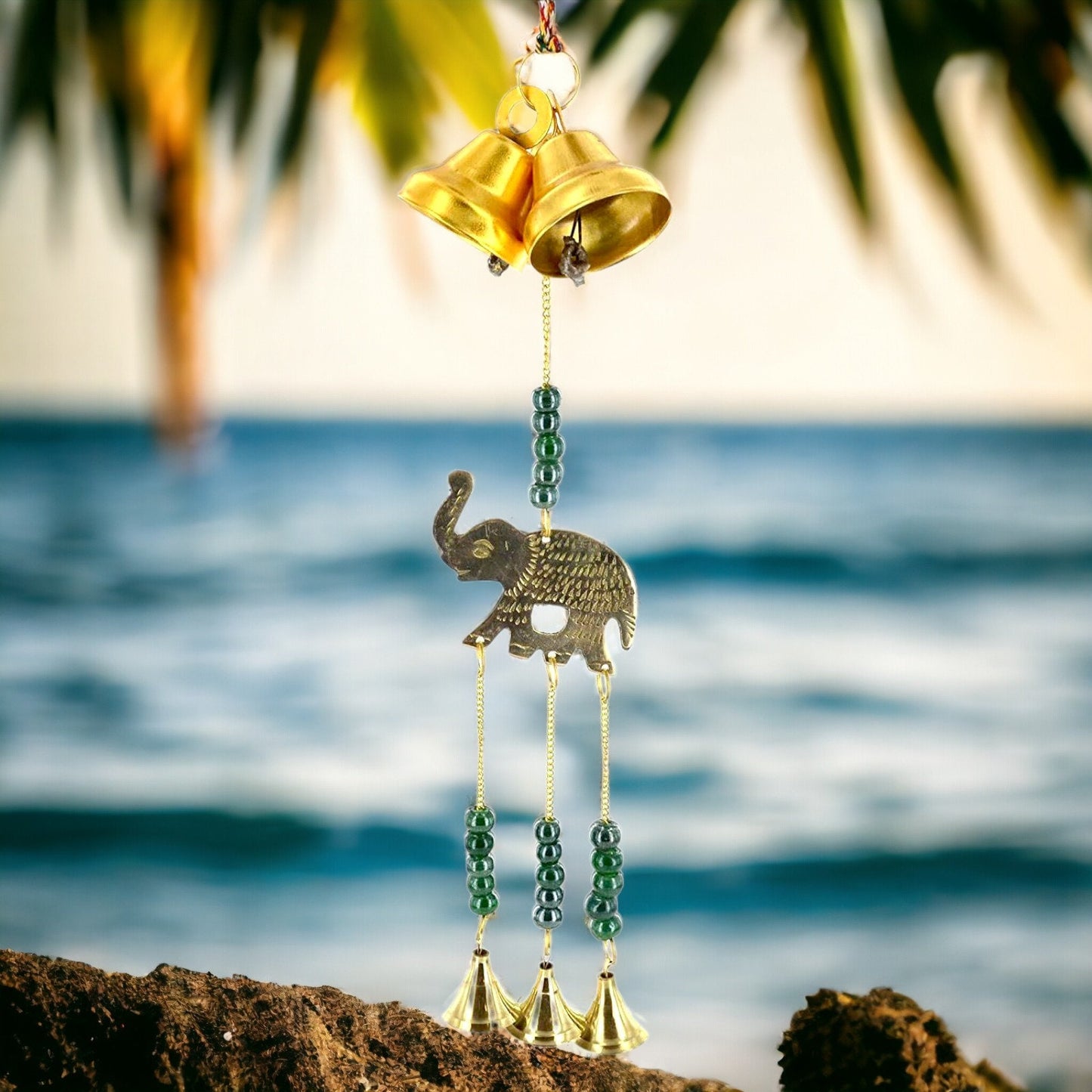 Charming Elephant Wind Chime with Cascading Bells and Beads - Bohemian Metal Hanging Decor - Handcrafted Garden Bell - 42x8cm-Osiris Craftworks