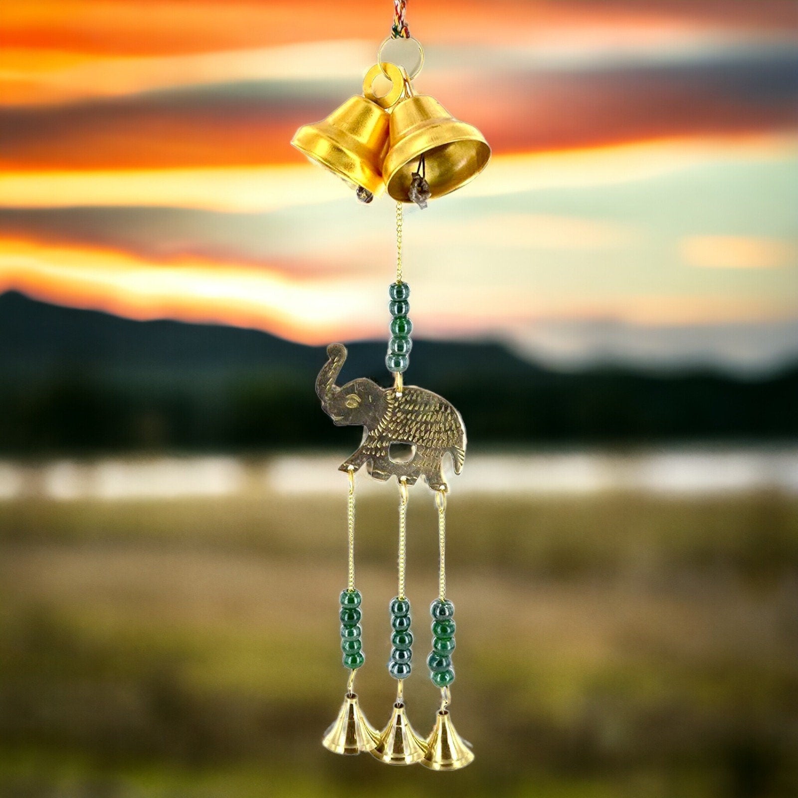 Charming Elephant Wind Chime with Cascading Bells and Beads - Bohemian Metal Hanging Decor - Handcrafted Garden Bell - 42x8cm-Osiris Craftworks