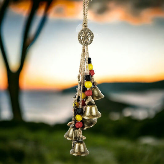 Enchanted Witches Protection Bells with Beads - Mystical Metal Wind Chime - Handcrafted Magical Decor - 32cm Rope Hanging Ornament-Osiris Craftworks