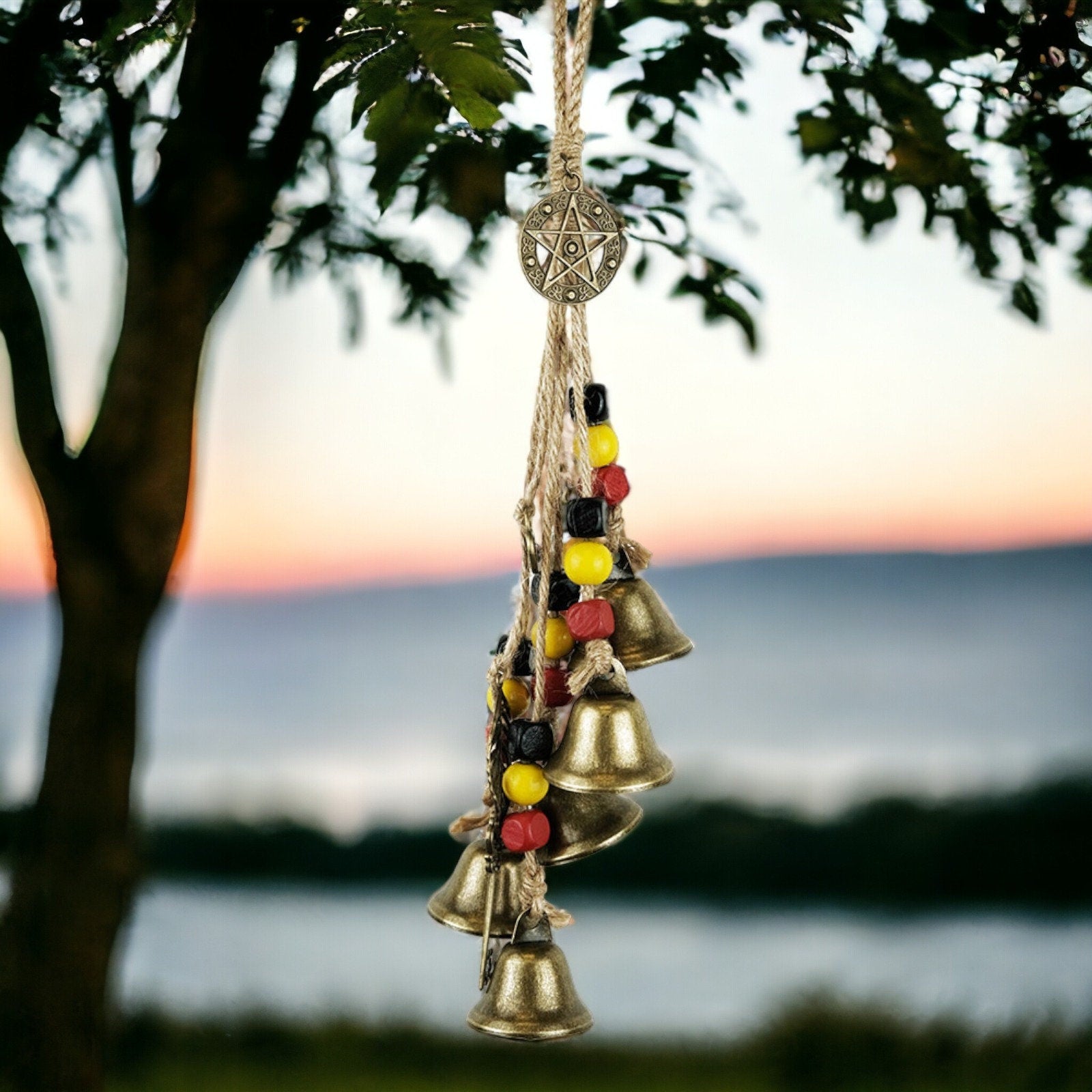 Enchanted Witches Protection Bells with Beads - Mystical Metal Wind Chime - Handcrafted Magical Decor - 32cm Rope Hanging Ornament-Osiris Craftworks