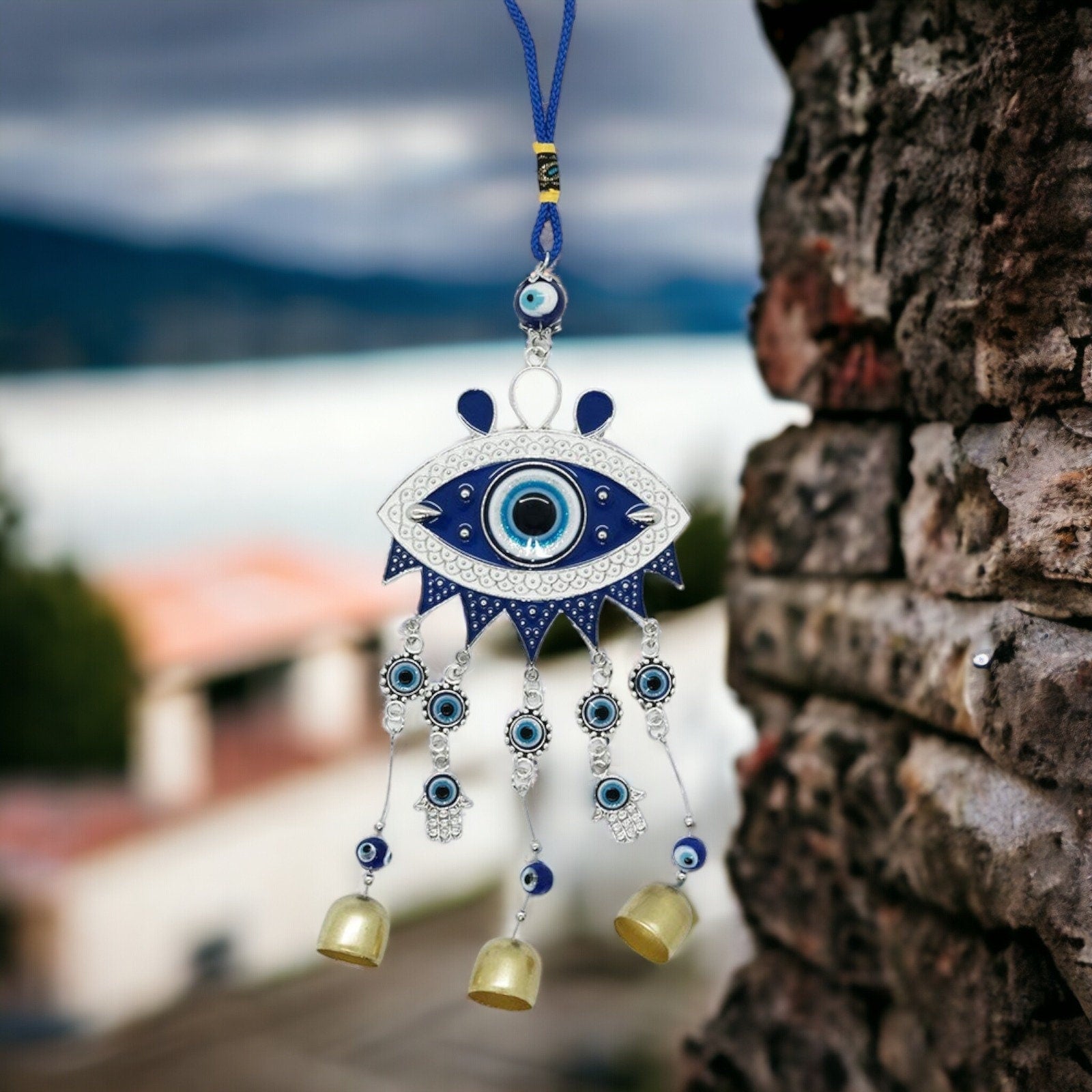 Evil Eye Wind Chime for Protection - Blue Beaded Metal Hanging Decor - 34cm Harmonic Bells - Spiritual Guard and Home Charm-Osiris Craftworks