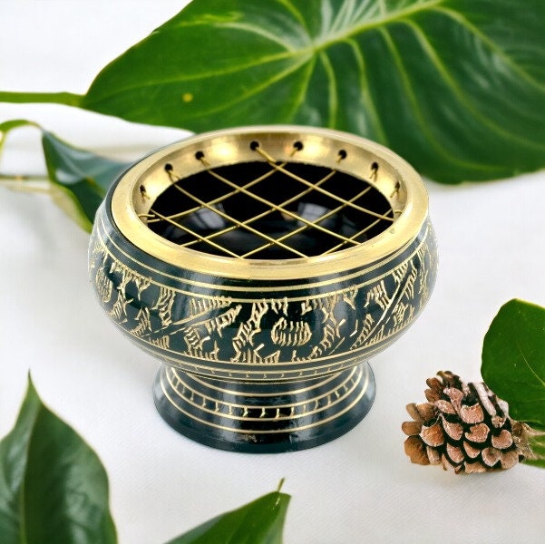 Hand-Engraved Green Resin Incense Burner | Metal Handcrafted with Artisan Detail | Spiritual Aromatherapy Essential