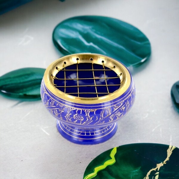 Hand-Engraved Purple Resin Incense Burner | Elegant Metal Ritual Vessel | Artistic Aromatherapy Accessory