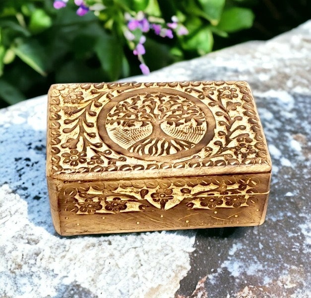 Handcrafted Tree of Life Wooden Box | Artisan Carved Keepsake Organizer | Rustic Home Decor Storage