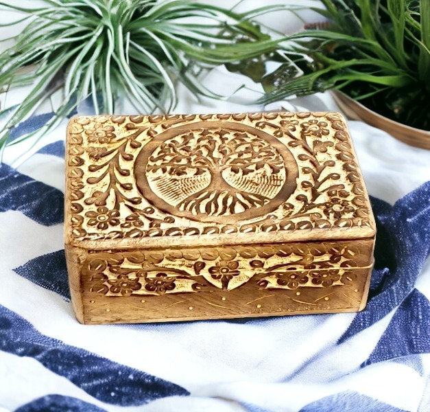 Handcrafted Tree of Life Wooden Box | Artisan Carved Keepsake Organizer | Rustic Home Decor Storage