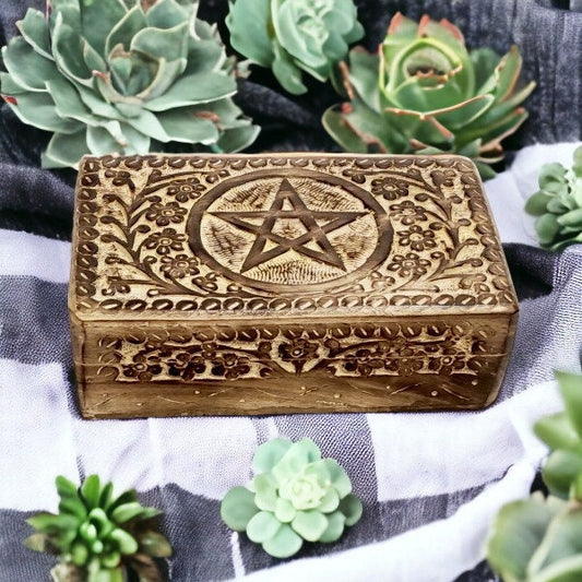 Engraved Pentagram Wooden Box, Mystical Handcrafted Keepsake, Wicca Pagan Rustic Spiritual Decor, Occult Altar Unique Accessory-Osiris Craftworks